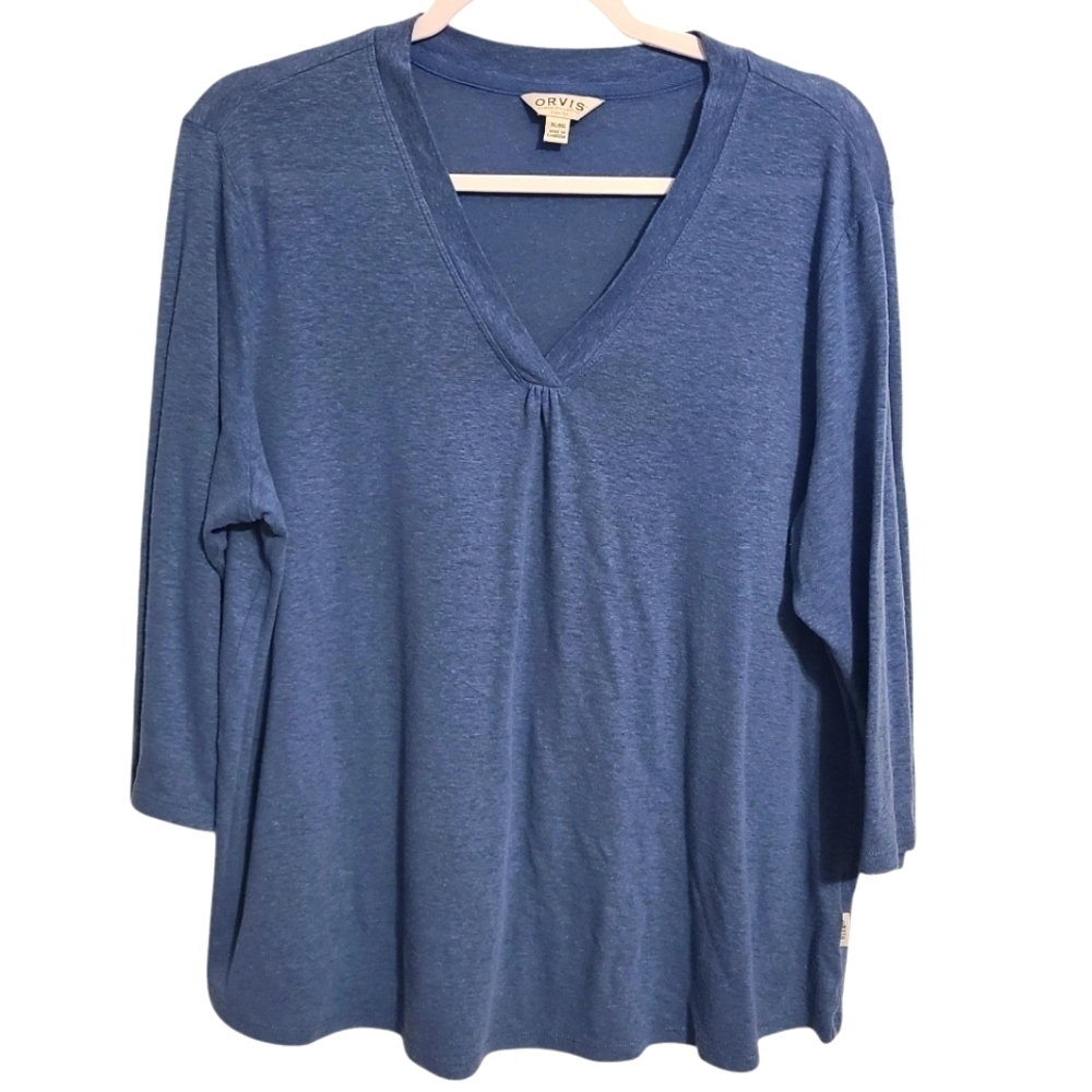 Orvis | Women's Blue V-Neck 3/4 Sleeve Linen Blend Relaxed Shirt (Size XL)